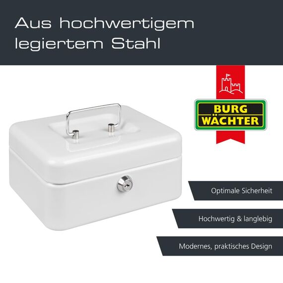 Burg-Wächter Geldkassette abschließbar mit Schlüssel und Hartgeldeinsatz, Stahlblech, Money 5020, Hellgrau
