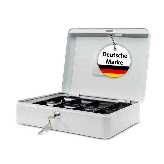 MAUL Geldkassette 4 aus Stahl | abschließbar | Münzgeld-Einsatz herausnehmbar | 30 x 25 x 8,7 cm | Kasse mit 2 Schlüsseln | geeignet als Spardose | kleiner Safe, Tresor, Trinkgeldkasse | Weiß