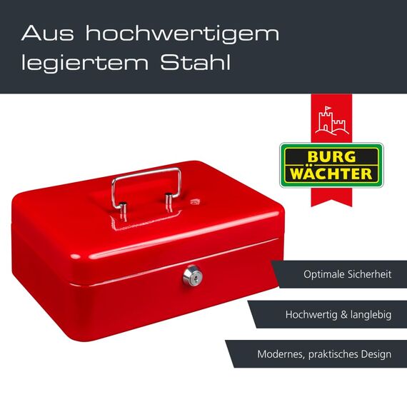 Burg-Wächter Geldkassette abschließbar mit Schlüssel und Hartgeldeinsatz, Stahlblech, Money 5025, Rot