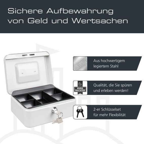 Burg-Wächter Geldkassette abschließbar mit Schlüssel und Hartgeldeinsatz, Stahlblech, Money 5020, Hellgrau