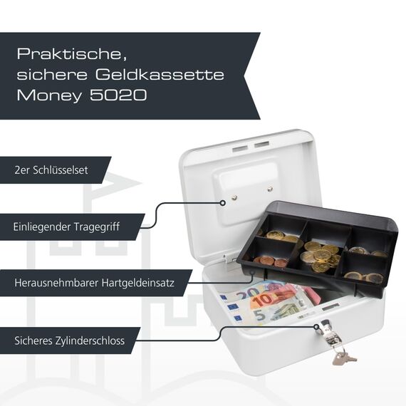 Burg-Wächter Geldkassette abschließbar mit Schlüssel und Hartgeldeinsatz, Stahlblech, Money 5020, Hellgrau