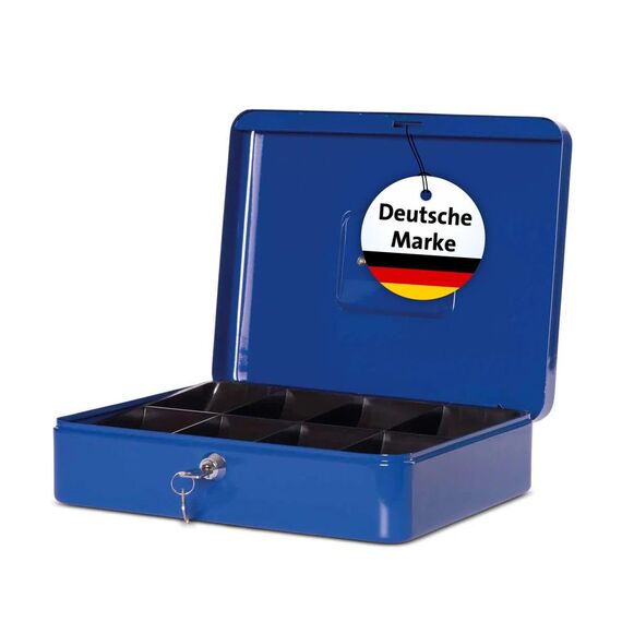MAUL Geldkassette 4 aus Stahl | abschließbar | Münzgeld-Einsatz herausnehmbar | 30 x 25 x 8,7 cm | Kasse mit 2 Schlüsseln | geeignet als Spardose | kleiner Safe, Tresor, Trinkgeldkasse | Blau