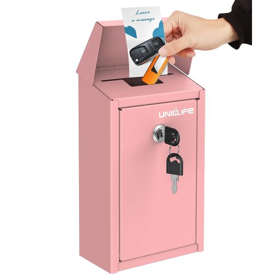 Uniclife Sicherheits Briefkasten für Außenbereich Metall Spendenbox mit Zahlenschloss Wandmontage mit Schlitz Stahl Geldbox für Haus Büro Unternehmen Rosa