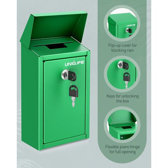Uniclife Schlüsselbox Außen Metall Spendenbox mit Schloss Sicherer Briefkasten Wandmontage mit Einwurfschlitz Stahl Geldbox für Zuhause Büro Gewerbe Grün