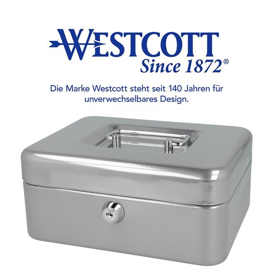 Westcott Geldkassette abschließbar (20 cm) Silber | Abschließbare Box aus Stahlblech mit 2 Schlüsseln | Herausnehmbare Einlage für Münzen mit 3 Fächern | E-51001 SILVER