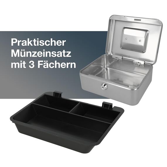 Westcott Geldkassette abschließbar (20 cm) Silber | Abschließbare Box aus Stahlblech mit 2 Schlüsseln | Herausnehmbare Einlage für Münzen mit 3 Fächern | E-51001 SILVER