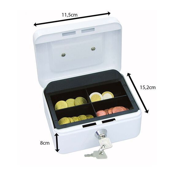 Wedo 145100X Geldkassette (aus pulverbeschichtetem Stahl, versenkbarer Griff, 4-Fächer-Münzeinsatz, Sicherheits-Zylinderschloss, 15,2 x 11,5 x 8,0 cm) weiß
