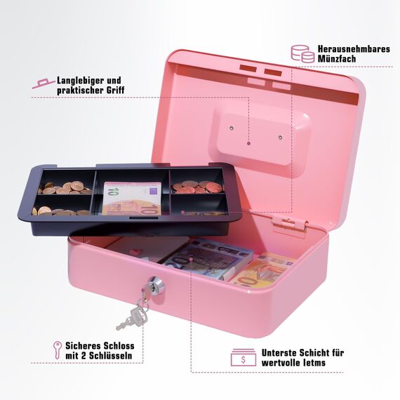 Geldkassette mit Schlüssel, tragbare Kasse mit Münzfach, kleine abschließbare Geldkassette für Haus, Büro und Veranstaltungen, 25 * 18 * 9cm(Rosa)