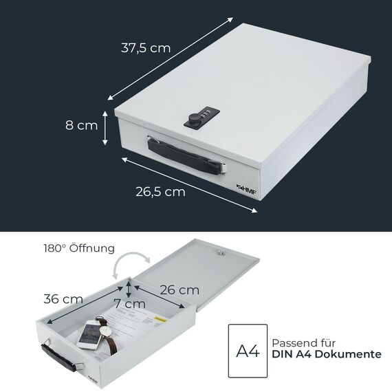 HMF 1413-07 Abschließbare Dokumentenkassette mit Zahlenschloss | DIN A4 | Lichtgrau