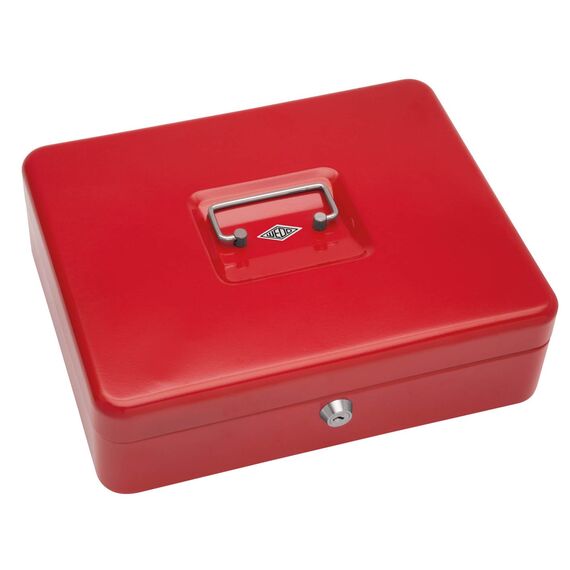 WEDO 145402X Geldkassette aus pulverbeschichtetem Stahl, versenkbarer Griff, 5-Fächer-Münzeinsatz, Sicherheits-Zylinderschloss, rot, 24 x 30 x 9 cm