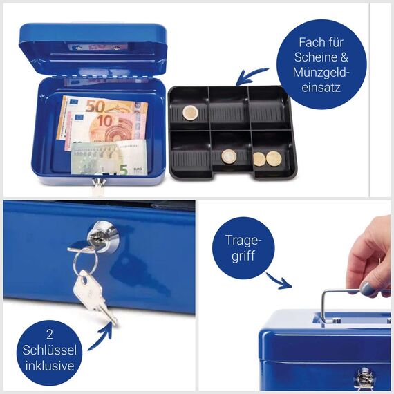 MAUL Geldkassette 2 aus Stahl | abschließbar | Münzgeld-Einsatz herausnehmbar | 20 x 17 x 9 cm | Kasse mit 2 Schlüsseln | geeignet als Spardose | kleiner Safe, Tresor, Trinkgeldkasse | Blau