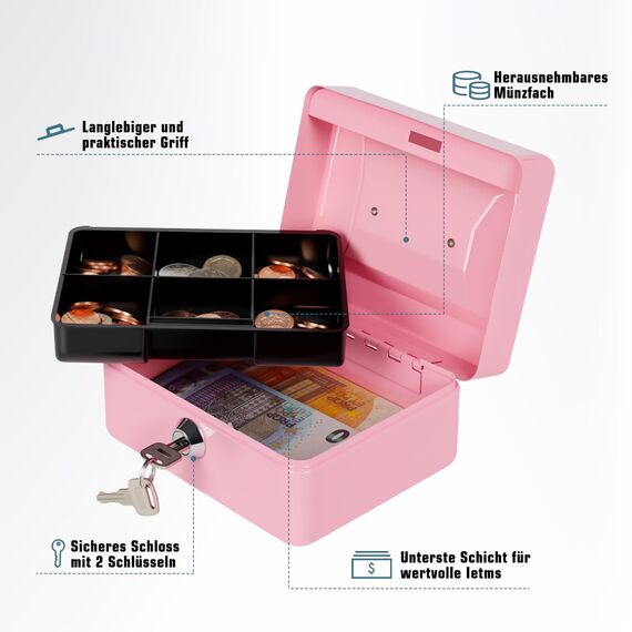 Geldkassette mit Schlüssel, tragbare Kasse mit Münzfach, kleine abschließbare Geldkassette für Haus, Büro und Veranstaltungen, 15 * 12 * 8cm(Rosa)