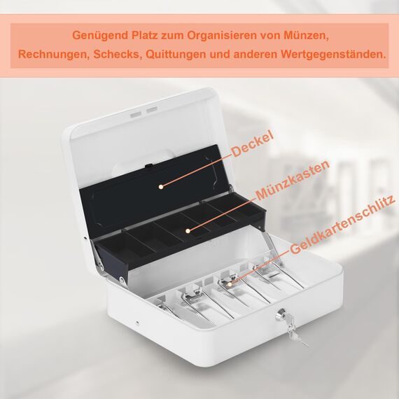 HAITRAL Geldkassette abschließbar, Banknoten und Münzsafe, Geldkasse aus Metall, Tragbare große Geldkassette mit 2 Schlüsseln - B 30 x T 24 x H 9 cm, Weiß