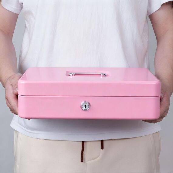 Geldkassette abschließbar mit Schlüssel,Geldkassette mit Münzzählbrett, Kleine tragbare Kasse für Haus, Büro und Veranstaltungen, 30 * 24 * 9cm Pink