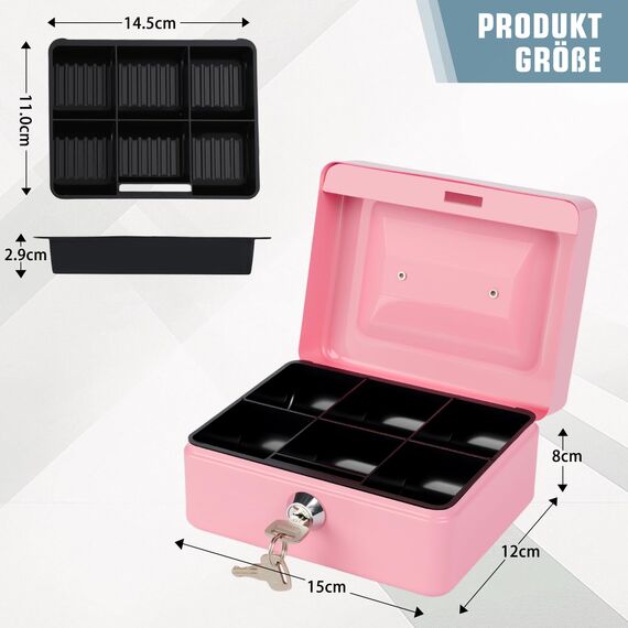 Geldkassette mit Schlüssel, tragbare Kasse mit Münzfach, kleine abschließbare Geldkassette für Haus, Büro und Veranstaltungen, 15 * 12 * 8cm(Rosa)