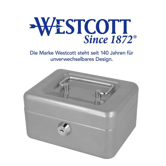Westcott Geldkassette abschließbar (kompakt, 15 cm) Silber | Abschließbare Box aus Stahlblech mit 2 Schlüsseln | Herausnehmbare Einlage für Münzen mit 6 Fächern | E-51000 SILVER