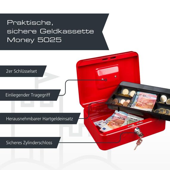 Burg-Wächter Geldkassette abschließbar mit Schlüssel und Hartgeldeinsatz, Stahlblech, Money 5025, Rot