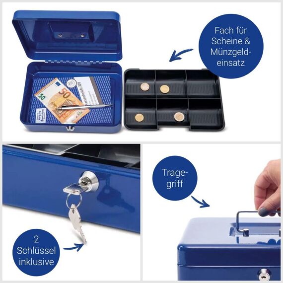 MAUL Geldkassette 3 aus Stahl | abschließbar | Münzgeld-Einsatz herausnehmbar | 25 x 19 x 9 cm | Kasse mit 2 Schlüsseln | geeignet als Spardose | kleiner Safe, Tresor, Trinkgeldkasse | Blau