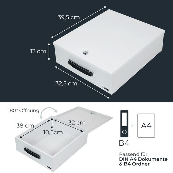 HMF 142-07 Abschließbare XL Dokumentenkassette für Ordner | DIN A4 / B4 | Lichtgrau