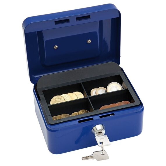 Wedo 145103X Geldkassette (aus pulverbeschichtetem Stahl, versenkbarer Griff, 4-Fächer-Münzeinsatz, Sicherheits-Zylinderschloss, 15,2 x 11,5 x 8,0 cm) blau