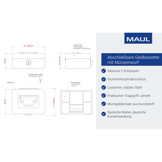 MAUL Geldkassette aus Stahl | 12,5x9,5x6,1cm | Kasse mit Münzeinwurfschlitz | Geldkassette abschließbar und tragbar | geeignet als Spardose, Kaffeekasse, Sparkasse, Trinkgeldkasse | Weiß