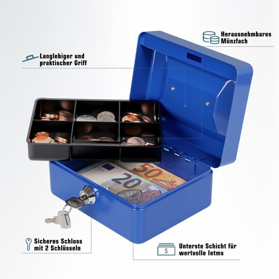 Geldkassette mit Schlüssel, tragbare Kasse mit Münzfach, kleine abschließbare Geldkassette für Haus, Büro und Veranstaltungen, 15 * 12 * 8cm(Blau)