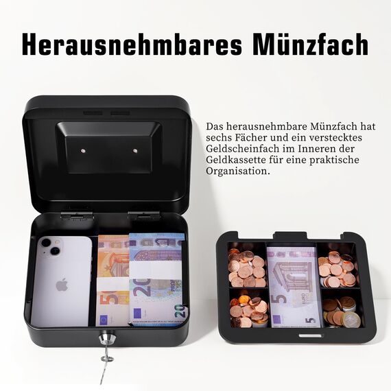 Geldkassette mit Schlüssel, tragbare Kasse mit Münzfach, kleine abschließbare Geldkassette für Haus, Büro und Veranstaltungen, 20 * 16 * 9cm