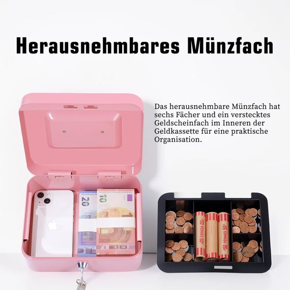 Geldkassette mit Schlüssel, tragbare Kasse mit Münzfach, kleine abschließbare Geldkassette für Haus, Büro und Veranstaltungen, 20 * 16 * 9cm(Rosa)