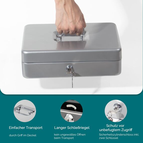 GREELUE Geldkassette mit münzzählbrett, Kasse Abschließbar, Cash Box Groß, Spardose, Geld organizer (Silber-30cm)