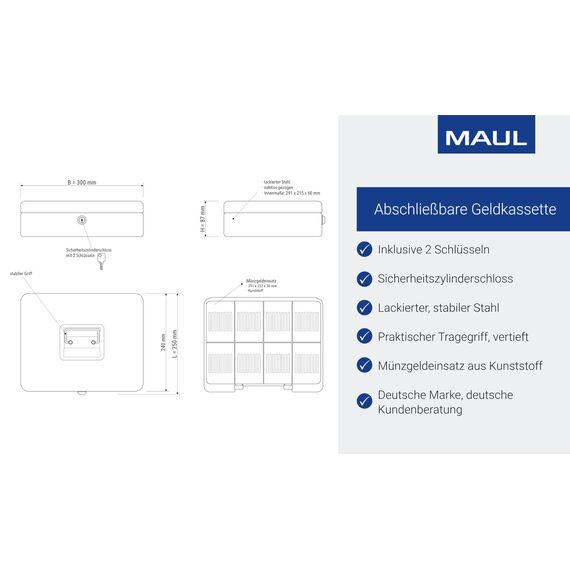 MAUL Geldkassette 4 aus Stahl | abschließbar | Münzgeld-Einsatz herausnehmbar | 30 x 25 x 8,7 cm | Kasse mit 2 Schlüsseln | geeignet als Spardose | kleiner Safe, Tresor, Trinkgeldkasse | Rot