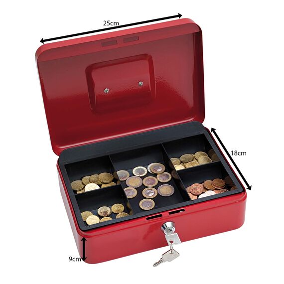 Wedo 145302X Geldkassette (aus pulverbeschichtetem Stahl, versenkbarer Griff, 5-Fächer-Münzeinsatz, Sicherheits-Zylinderschloss, 25 x 18 x 9 cm) rot