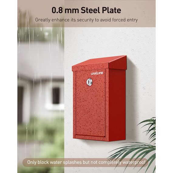 Uniclife Schlüsselbox für außen, rote Metall-Spendenbox Sammelbox mit Schlüsselschloss, sichere Vorschlagsbox, Wandmontierter Briefkasten mit oberem Schlitz, Stahl-Cash-Drop-Box für Home Office und