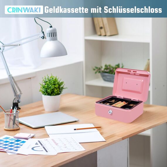 Geldkassette mit Schlüssel, tragbare Kasse mit Münzfach, kleine abschließbare Geldkassette für Haus, Büro und Veranstaltungen, 20 * 16 * 9cm(Rosa)