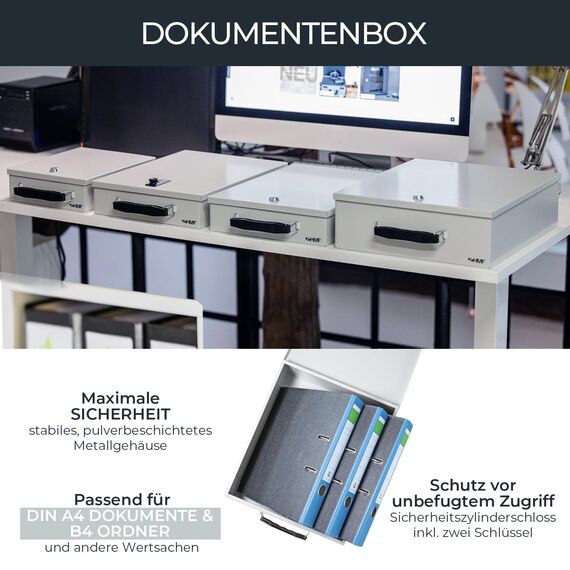 HMF 142-07 Abschließbare XL Dokumentenkassette für Ordner | DIN A4 / B4 | Lichtgrau