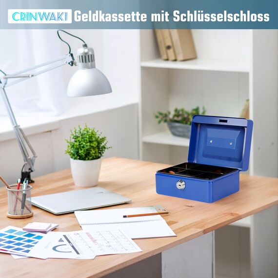 Geldkassette mit Schlüssel, tragbare Kasse mit Münzfach, kleine abschließbare Geldkassette für Haus, Büro und Veranstaltungen, 15 * 12 * 8cm(Blau)