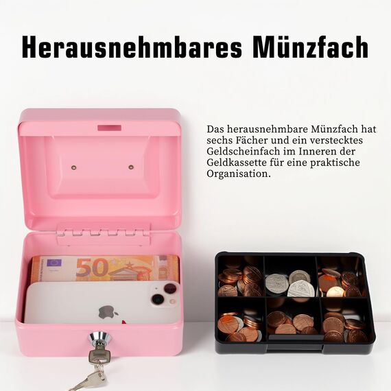 Geldkassette mit Schlüssel, tragbare Kasse mit Münzfach, kleine abschließbare Geldkassette für Haus, Büro und Veranstaltungen, 15 * 12 * 8cm(Rosa)