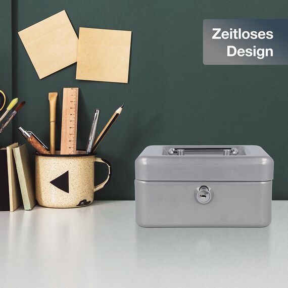 Westcott Geldkassette abschließbar (kompakt, 15 cm) Silber | Abschließbare Box aus Stahlblech mit 2 Schlüsseln | Herausnehmbare Einlage für Münzen mit 6 Fächern | E-51000 SILVER