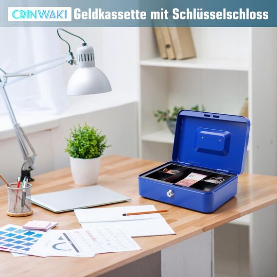 Geldkassette mit Schlüssel, tragbare Kasse mit Münzfach, kleine abschließbare Geldkassette für Haus, Büro und Veranstaltungen, 25 * 18 * 9cm(Blau)