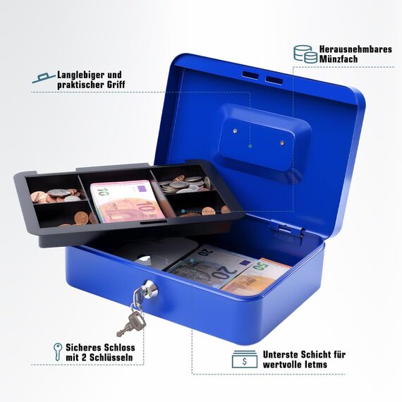 Geldkassette mit Schlüssel, tragbare Kasse mit Münzfach, kleine abschließbare Geldkassette für Haus, Büro und Veranstaltungen, 25 * 18 * 9cm(Blau)