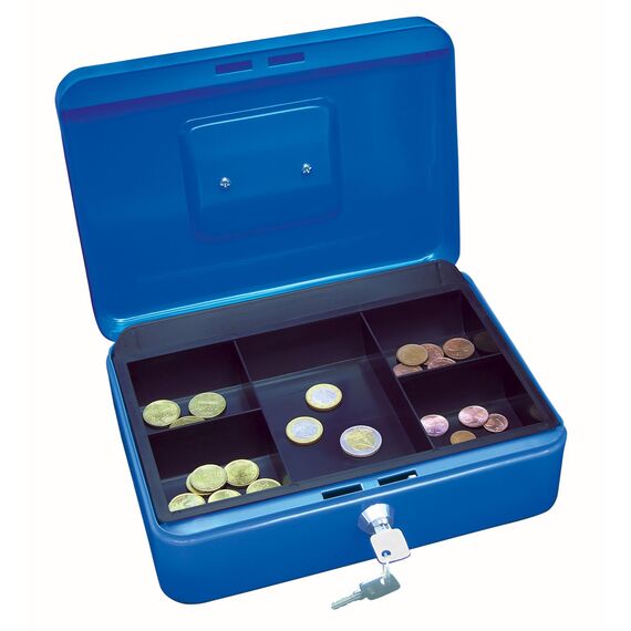 Wedo 145303X Geldkassette (aus pulverbeschichtetem Stahl, versenkbarer Griff, 5-Fächer-Münzeinsatz, Sicherheits-Zylinderschloss, 25 x 18 x 9 cm) blau