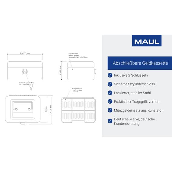 MAUL Geldkassette abschließbar aus Stahl | 15,2x11,5x8 cm | Kaffeekasse klein mit Münzgeld-Einsatz | Kasse mit 2 Schlüsseln | Ideal als Spardose, Sparbox, Trinkgeldkasse | Weiß