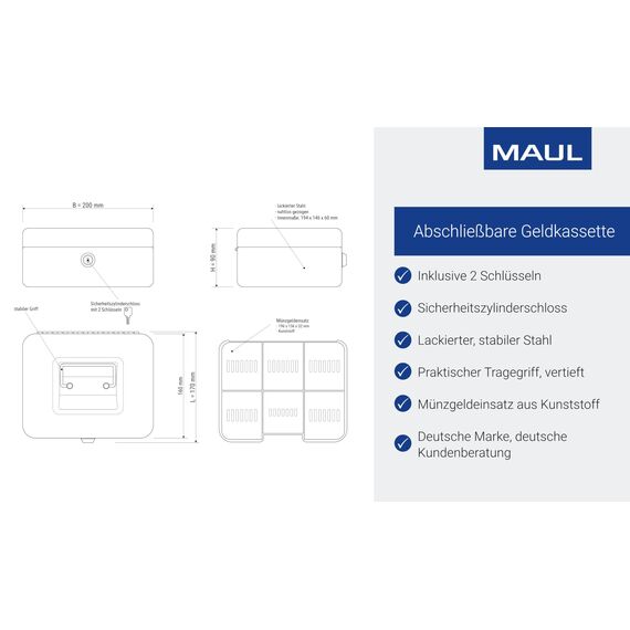 MAUL Geldkassette 2 aus Stahl | abschließbar | Münzgeld-Einsatz herausnehmbar | 20 x 17 x 9 cm | Kasse mit 2 Schlüsseln | geeignet als Spardose | kleiner Safe, Tresor, Trinkgeldkasse | Rot