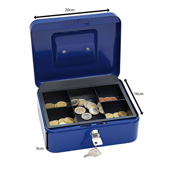 Wedo 145203X Geldkassette (aus pulverbeschichtetem Stahl, versenkbarer Griff, 5-Fächer-Münzeinsatz, Sicherheits-Zylinderschloss, 20 x 16 x 9 cm) blau
