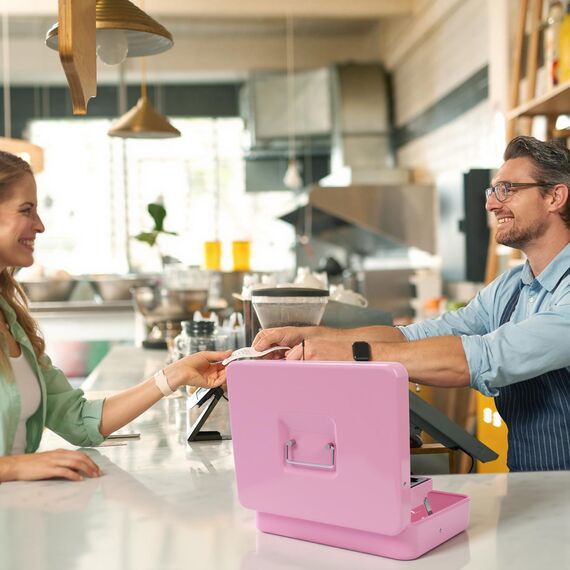Geldkassette abschließbar mit Schlüssel,Geldkassette mit Münzzählbrett, Kleine tragbare Kasse für Haus, Büro und Veranstaltungen, 30 * 24 * 9cm Pink