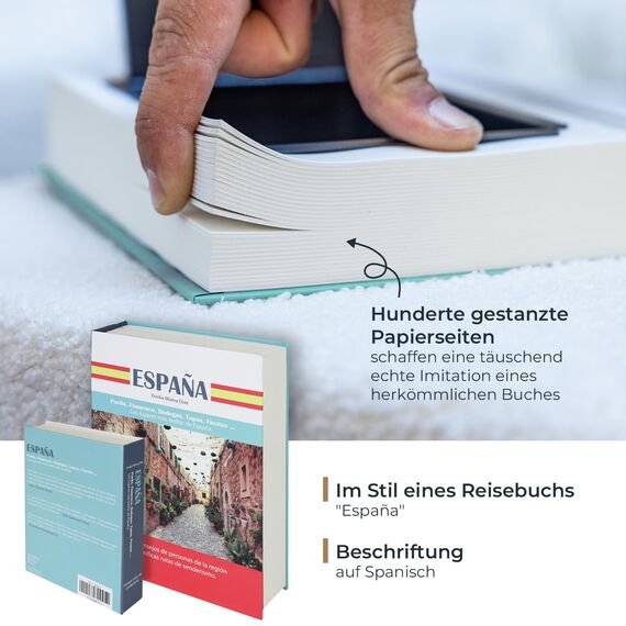 HMF 80945 Buchtresor, getarnte Geldkassette, echte Papierseiten, Spanien, 23 x 15 x 4 cm, Beschriftung in Spanisch