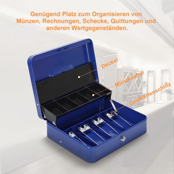 HAITRAL Geldkassette abschließbar, Banknoten und Münzsafe, Geldkasse aus Metall, Tragbare große Geldkassette mit 2 Schlüsseln - B 30 x T 24 x H 9 cm, Blau