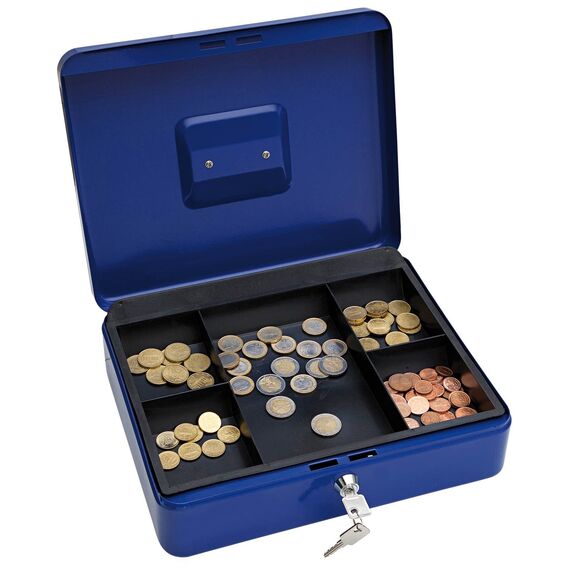 WEDO 145403X Geldkassette aus pulverbeschichtetem Stahl, versenkbarer Griff, 5-Fächer-Münzeinsatz, Sicherheits-Zylinderschloss, 30 x 24 x 9 cm, Blau