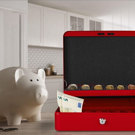 Relaxdays Geldkassette abschließbar, Münzzählbrett & 4 Scheinfächer, Geldkasse Eisen, HxBxT: 8,5 x 30,5 x 24,5 cm, rot