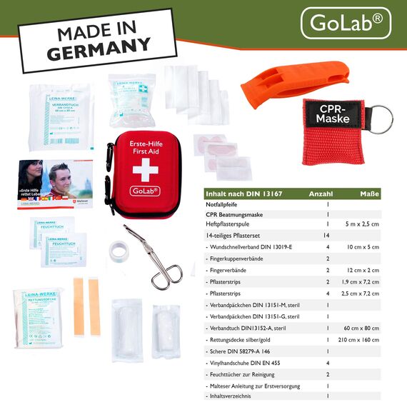GoLab Erste Hilfe Set Outdoor für Wandern, Reisen und Fahrrad nach DIN 13167 - First Aid Kit mit Signalpfeife und Beatmungsmaske - Made in Germany - Notfall Ausrüstung - Reiseapotheke