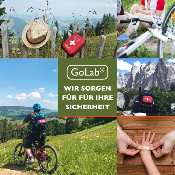 GoLab Erste Hilfe Set Outdoor für Wandern, Reisen und Fahrrad nach DIN 13167 - First Aid Kit mit Signalpfeife und Beatmungsmaske - Made in Germany - Notfall Ausrüstung - Reiseapotheke